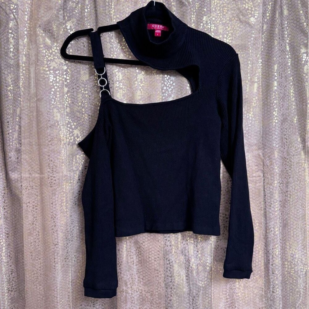 Guess Black Ribbed Asymmetrical Sweater Mock Neck Top Large
